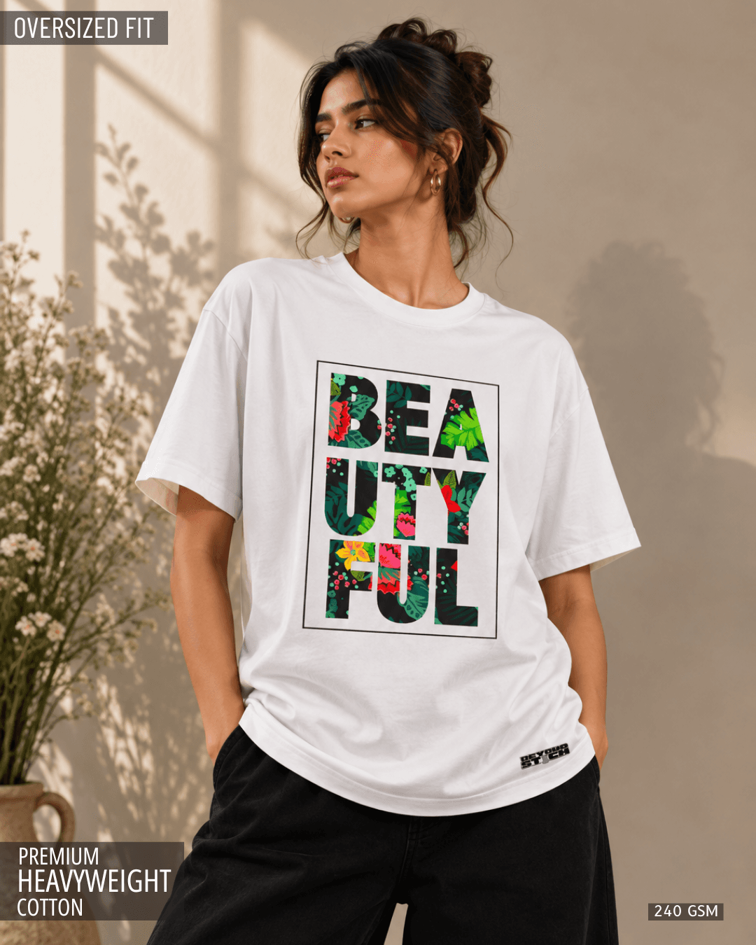 BEAUTIFUL WHITE FLORAL OVERSIZED TEE - View 1