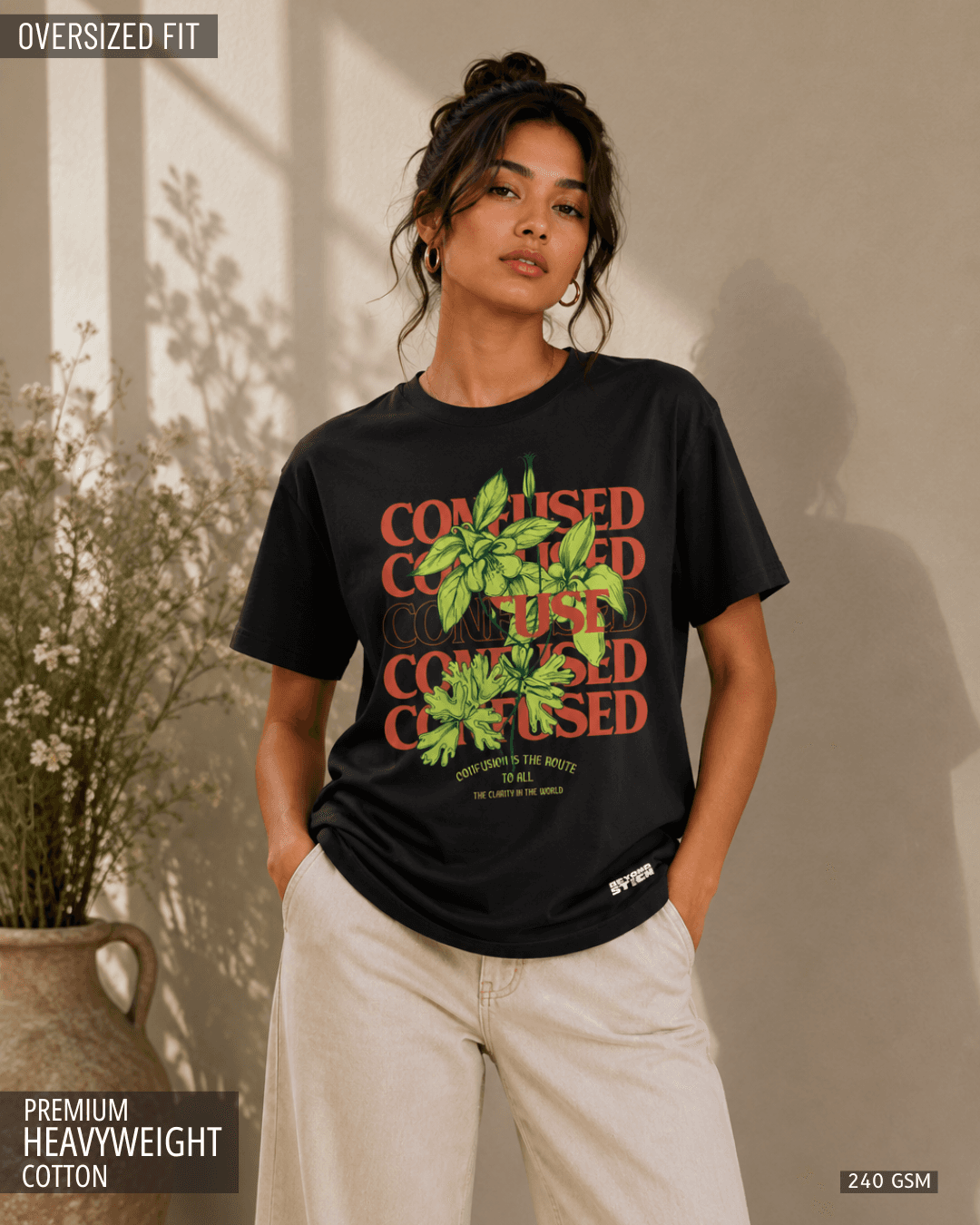 CONFUSED BLACK FLORAL OVERSIZED TEE - View 1