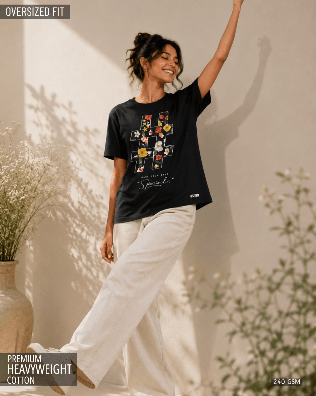 HASHTAG BLACK FLORAL OVERSIZED TEE - View 1