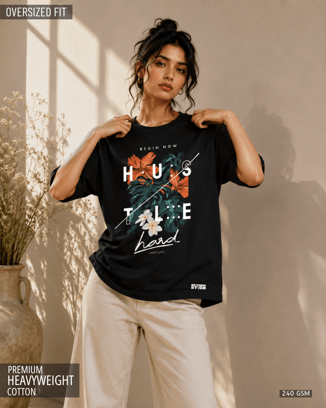 HUSTLE HARD BLACK FLORAL OVERSIZED TEE - View 1