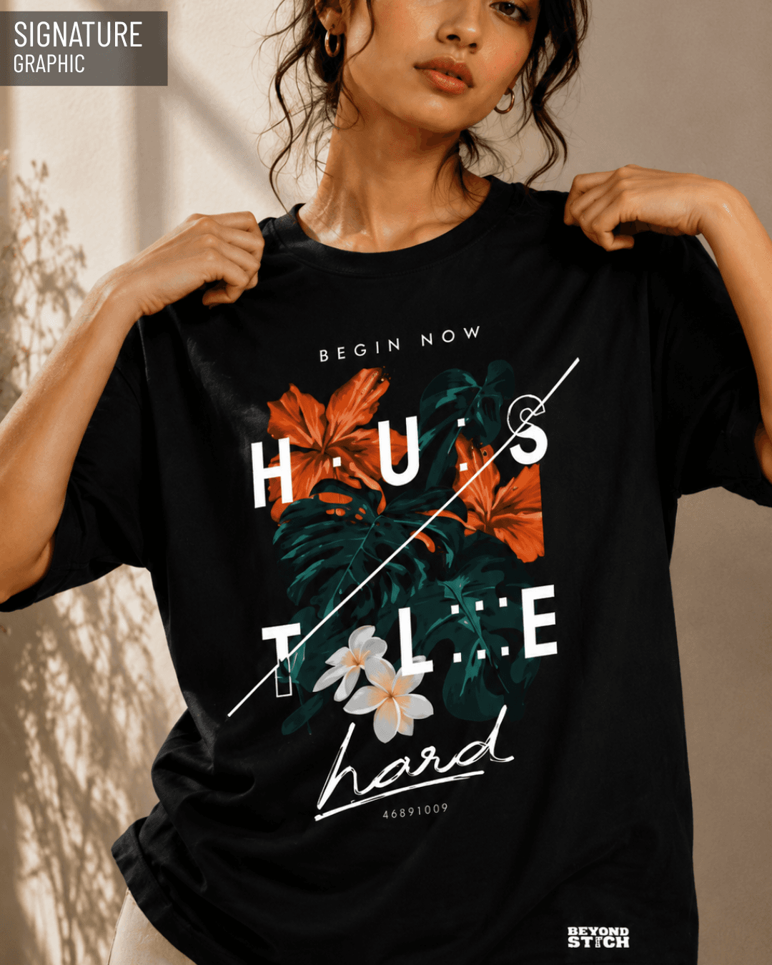 HUSTLE HARD BLACK FLORAL OVERSIZED TEE - View 2