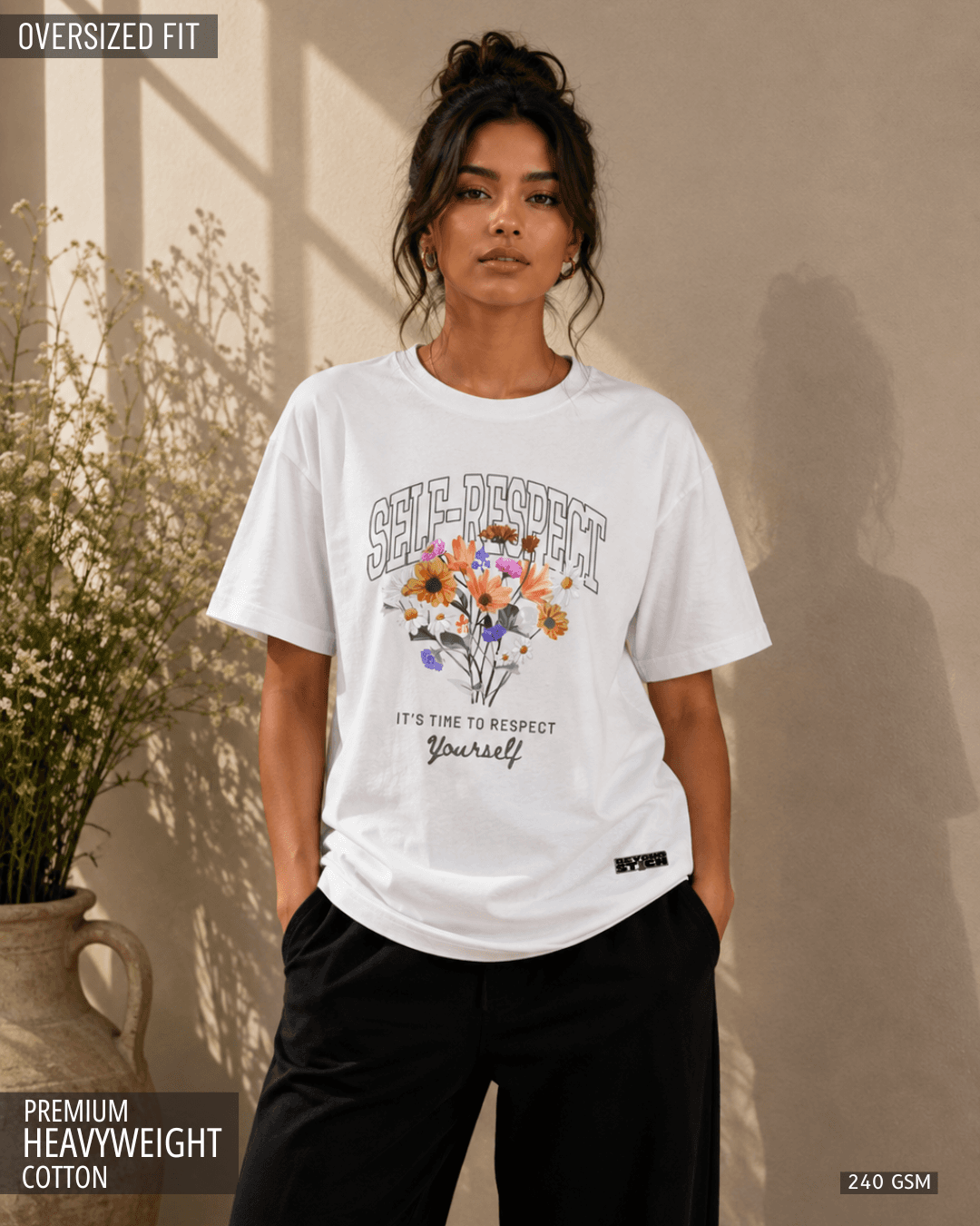 SELF RESPECT WHITE FLORAL OVERSIZED TEE - View 1