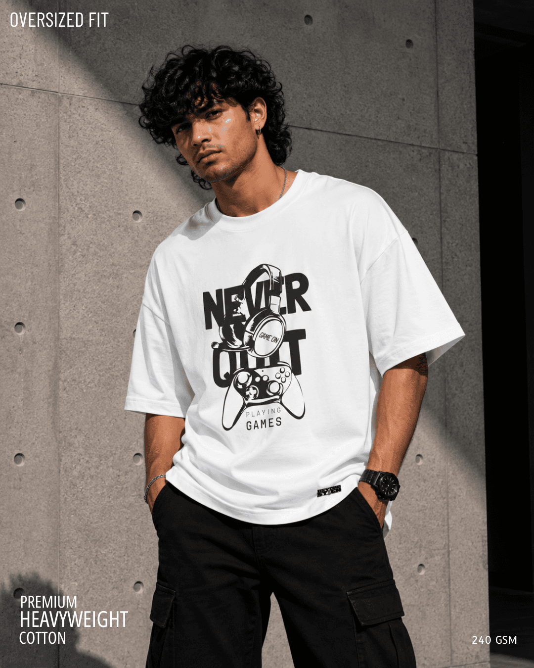 NEVER QUIT WHITE GAMER OVERSIZED TEE - View 1