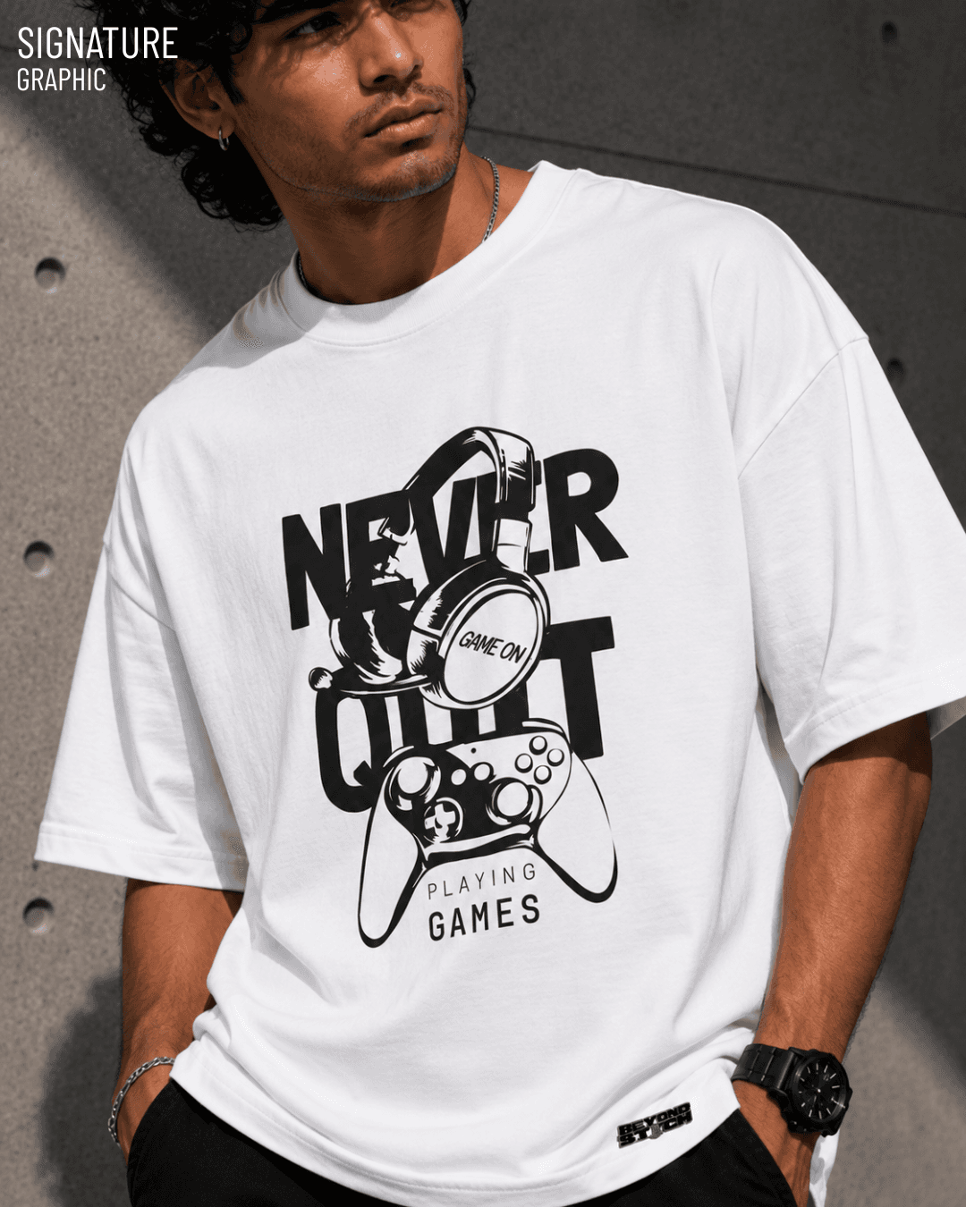 NEVER QUIT WHITE GAMER OVERSIZED TEE - View 2